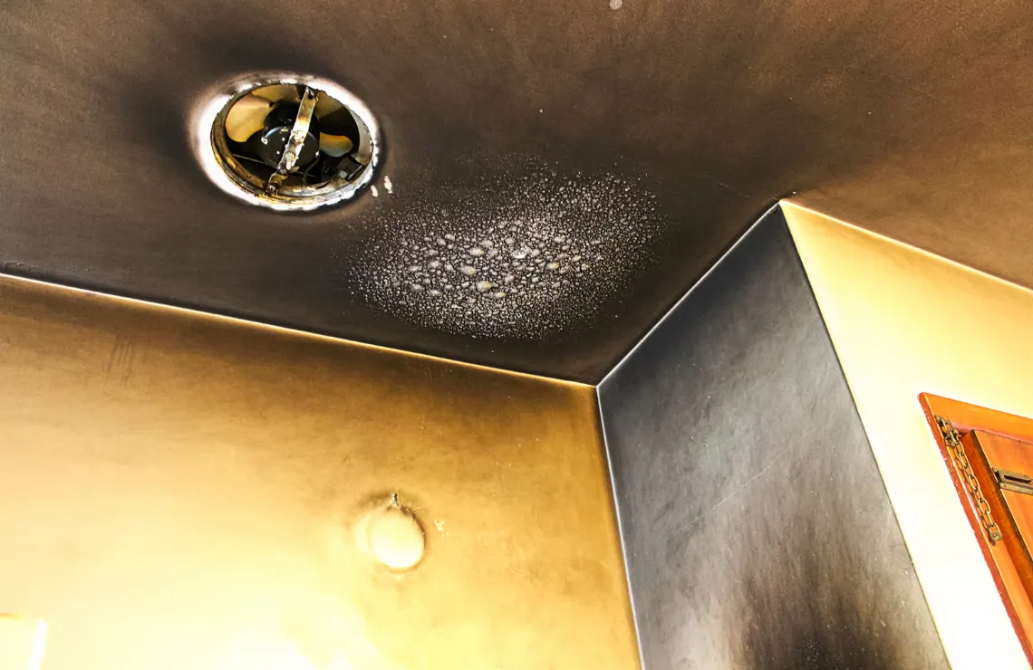 Fire and smoke damage with heavy soot buildup on ceiling before professional restoration in Dallas